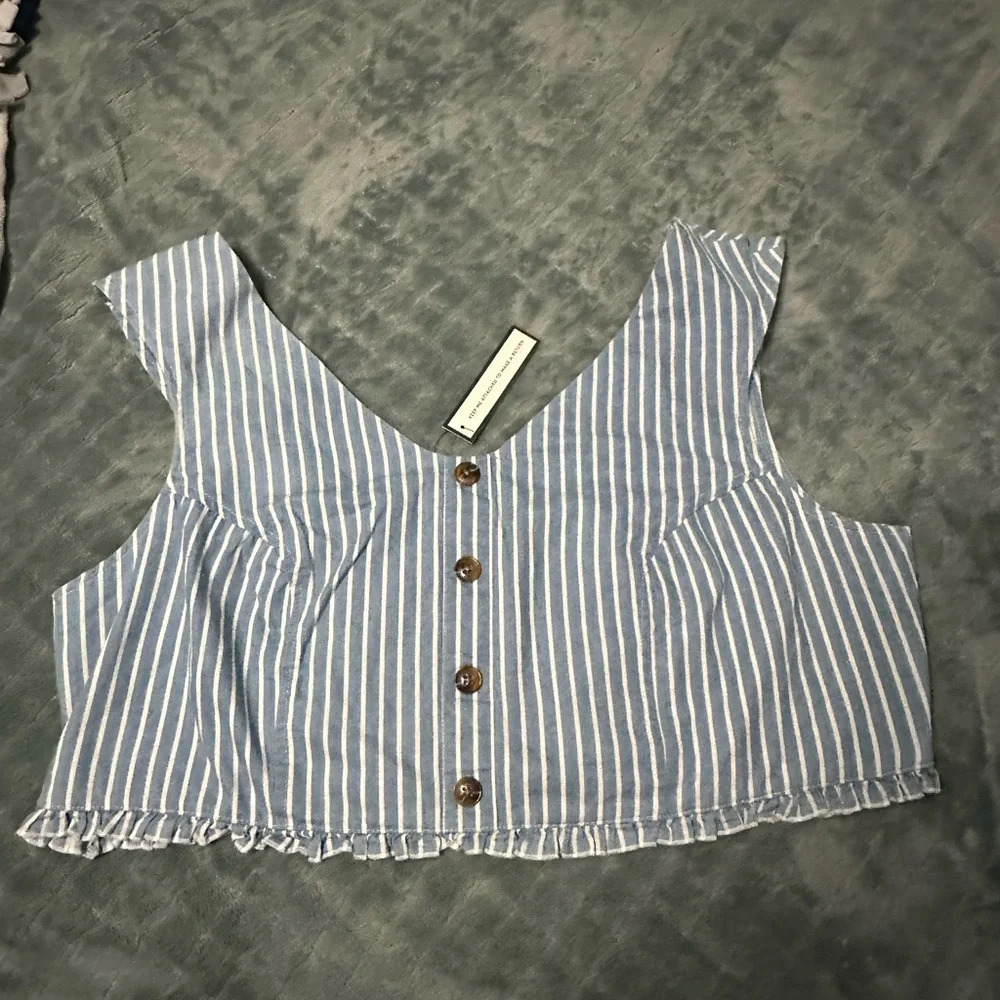 Soncy Cropped Tank Top Blue & White Striped Faux Buttoned Front - Size 3 (22/24)